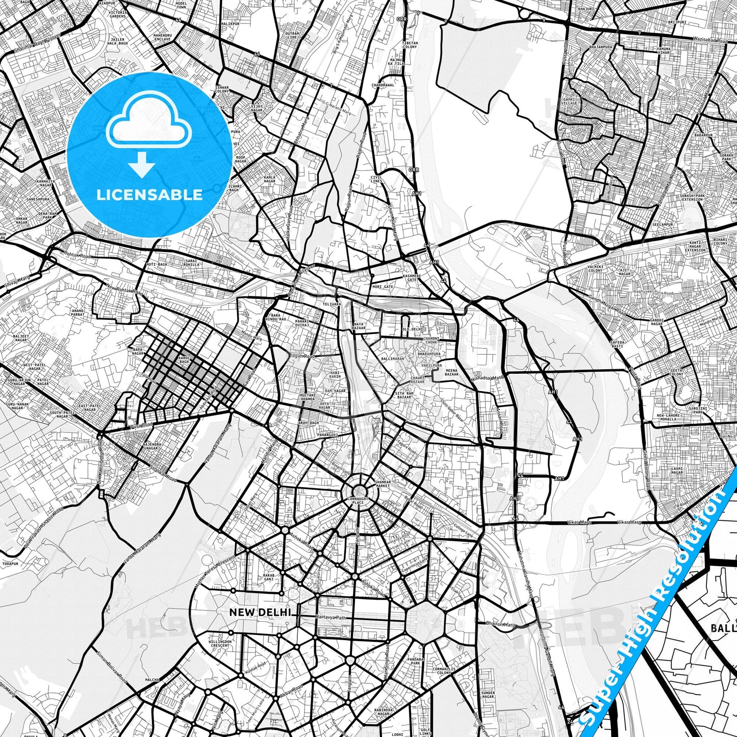 Delhi, India Light Map with Street Names, City Names, and Districts