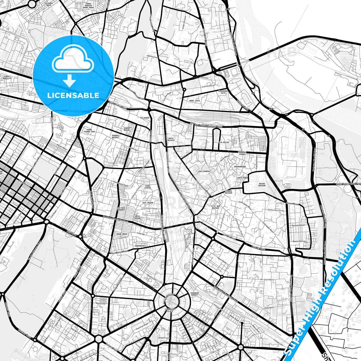 Delhi, India Light Map with Street Names, City Names, and Districts