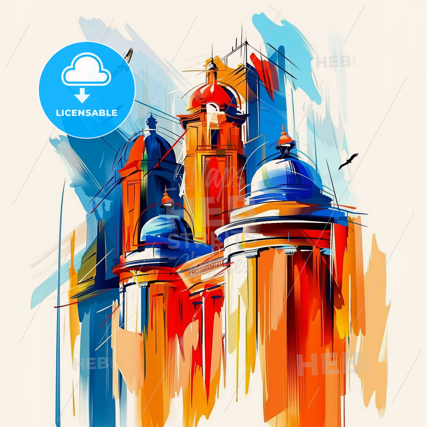 Vibrant Delhi, India - A Painting Of A Building With Blue Domes