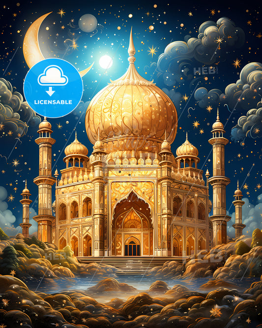 Golden Dome City Skyline Painting India Art Moon