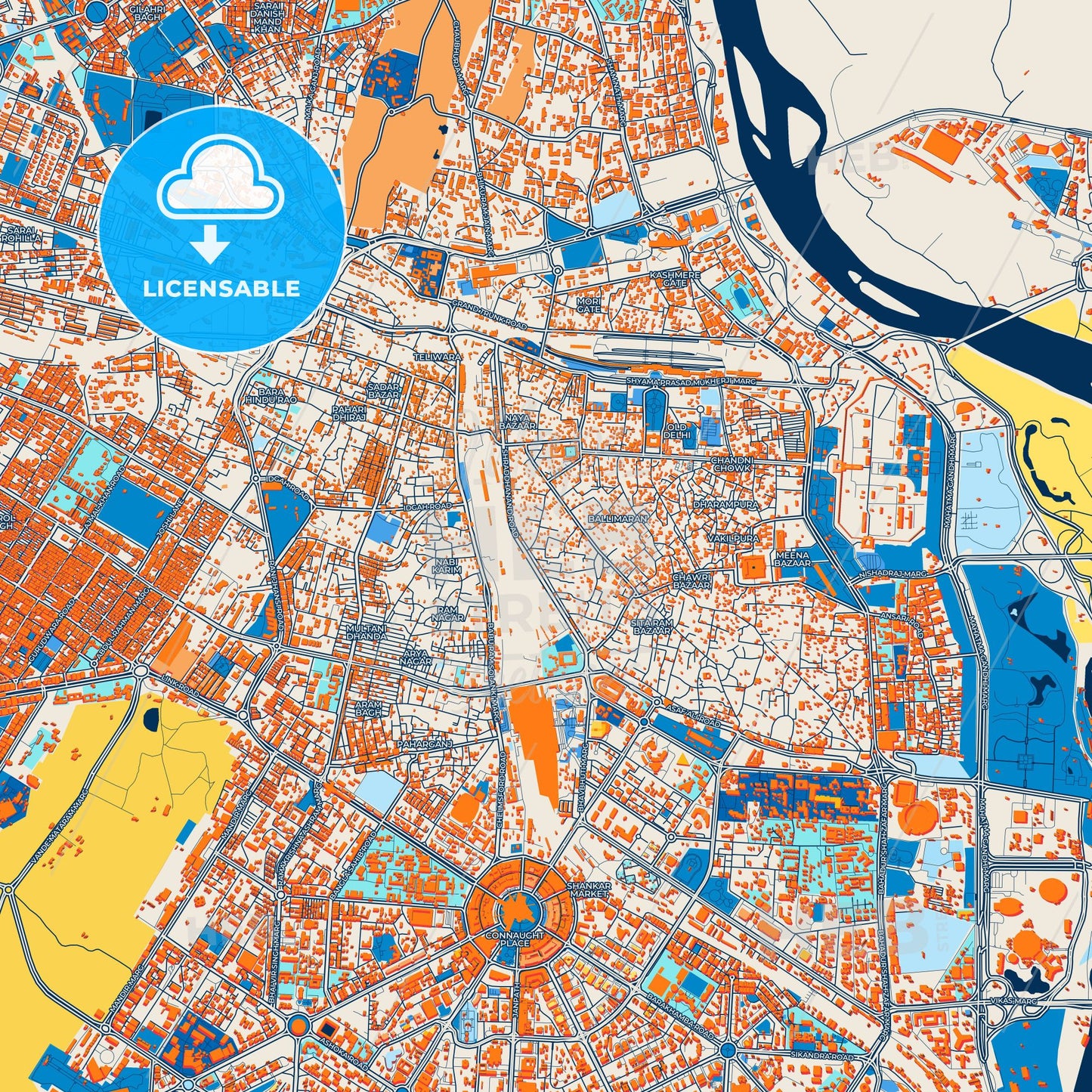 Colorful Delhi Street Map with Labels and Buildings
