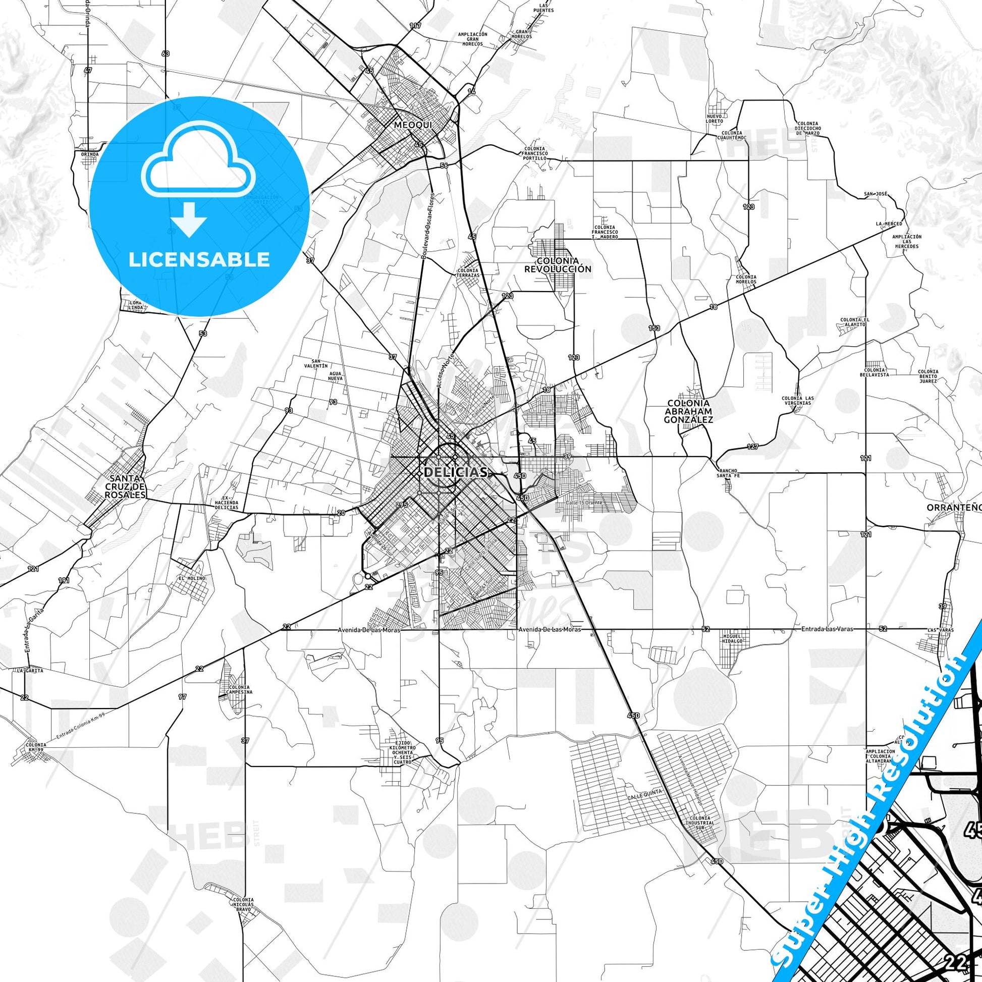 Delicias, Mexico light map with streetnames, citynames and districts