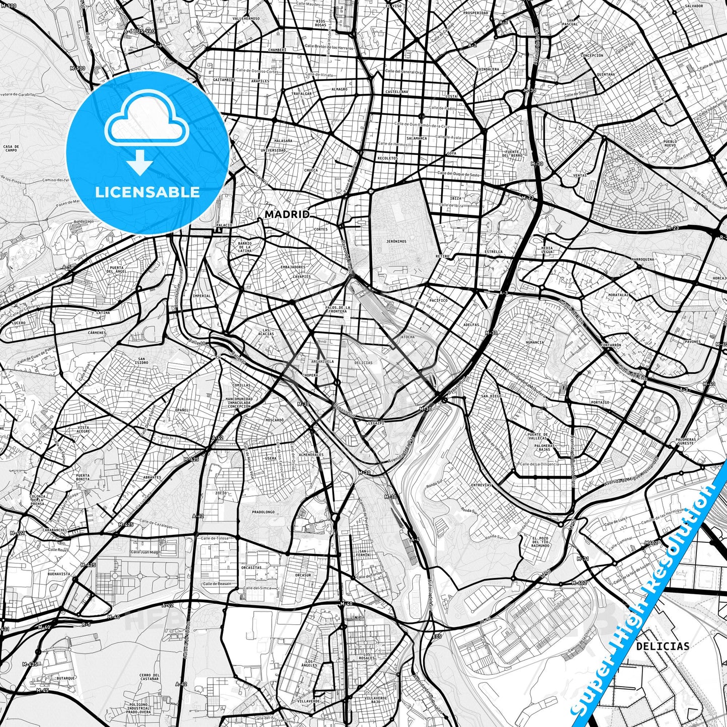 Delicias, Spain Light Map with Street Names, City Names, and Districts