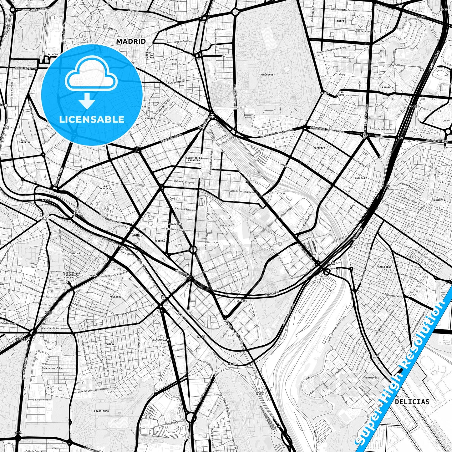 Delicias, Spain Light Map with Street Names, City Names, and Districts