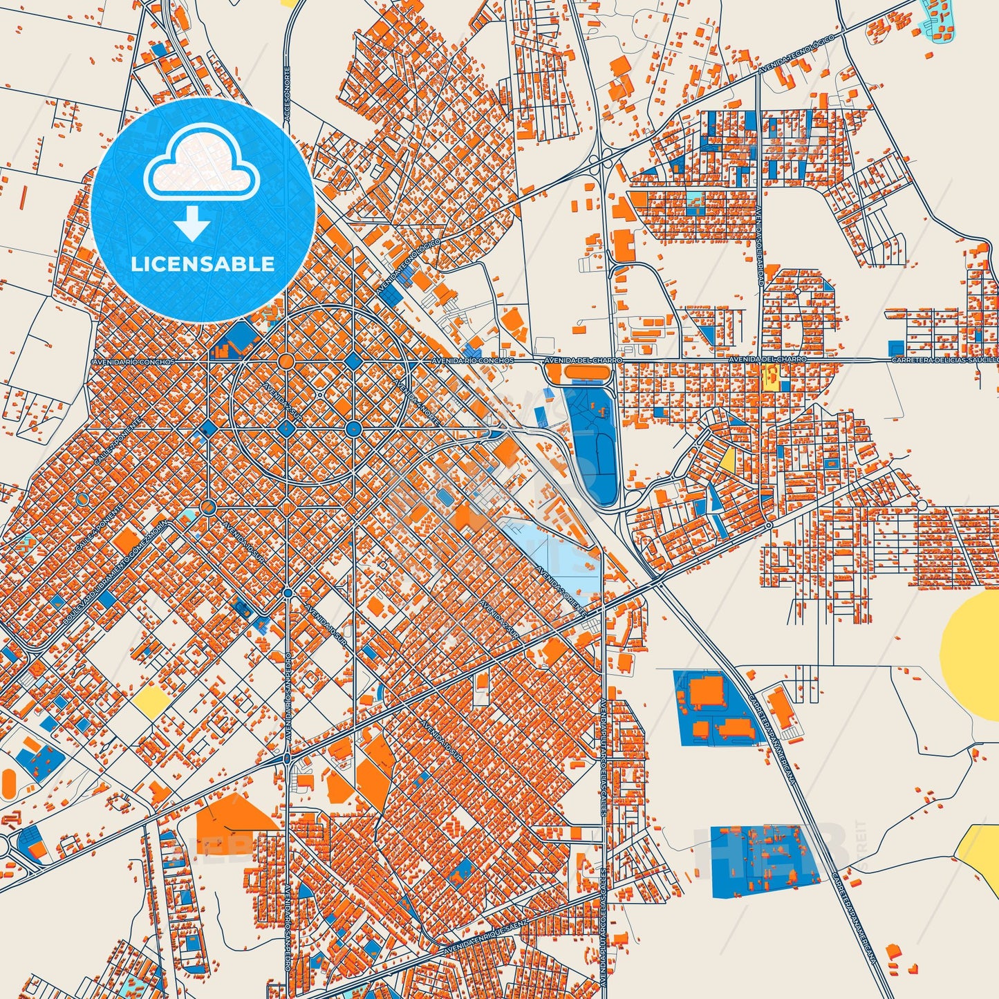 Colorful Delicias Street Map with Labels and Buildings