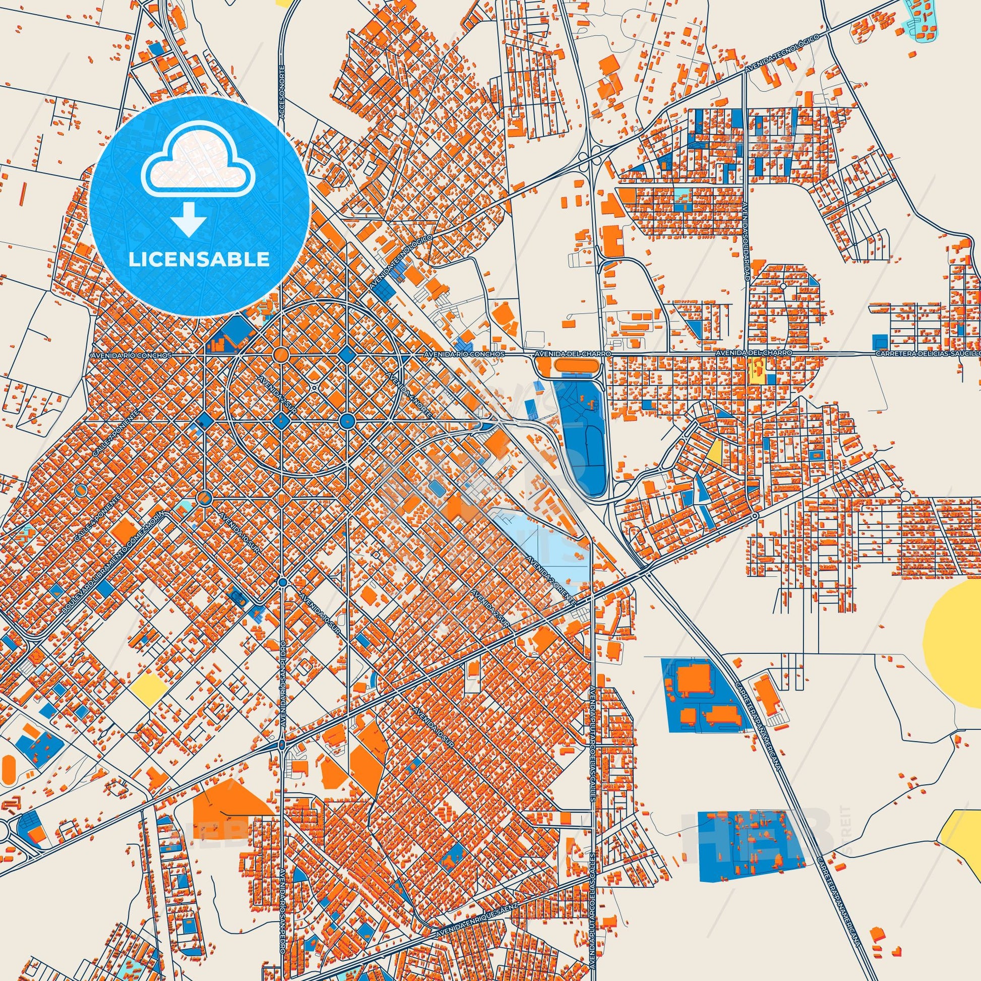 Colorful Delicias Street Map with Labels and Buildings