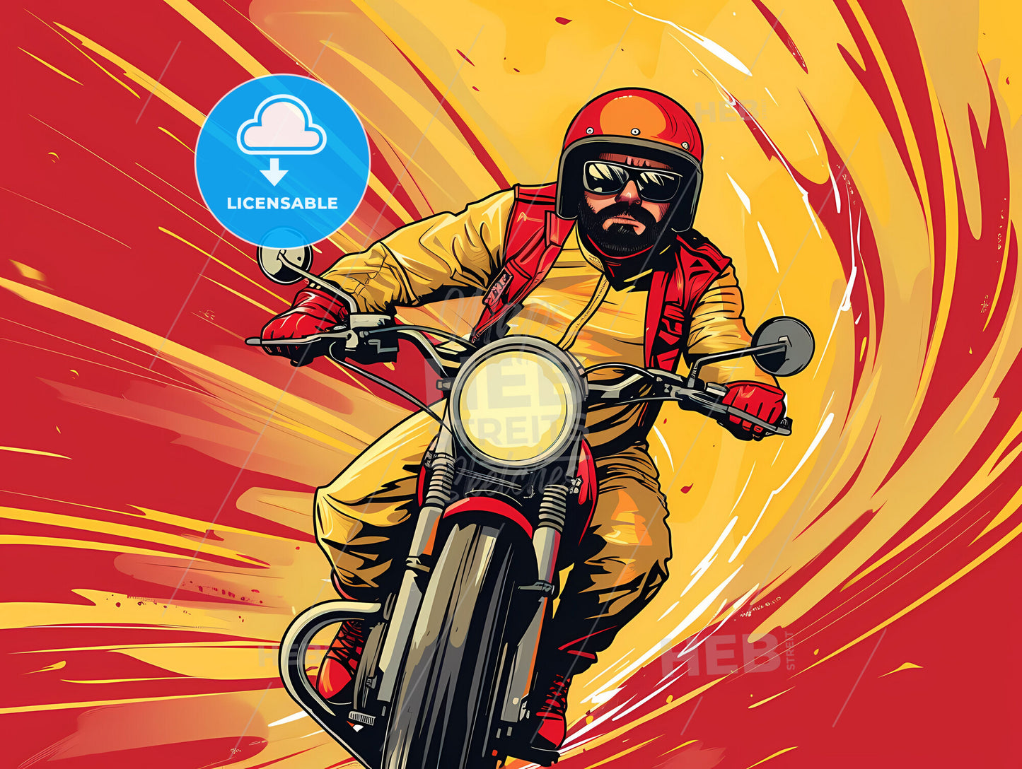 Expressive delivery concept art featuring a motorcyclist in yellow uniform, glasses, and vibrant colors