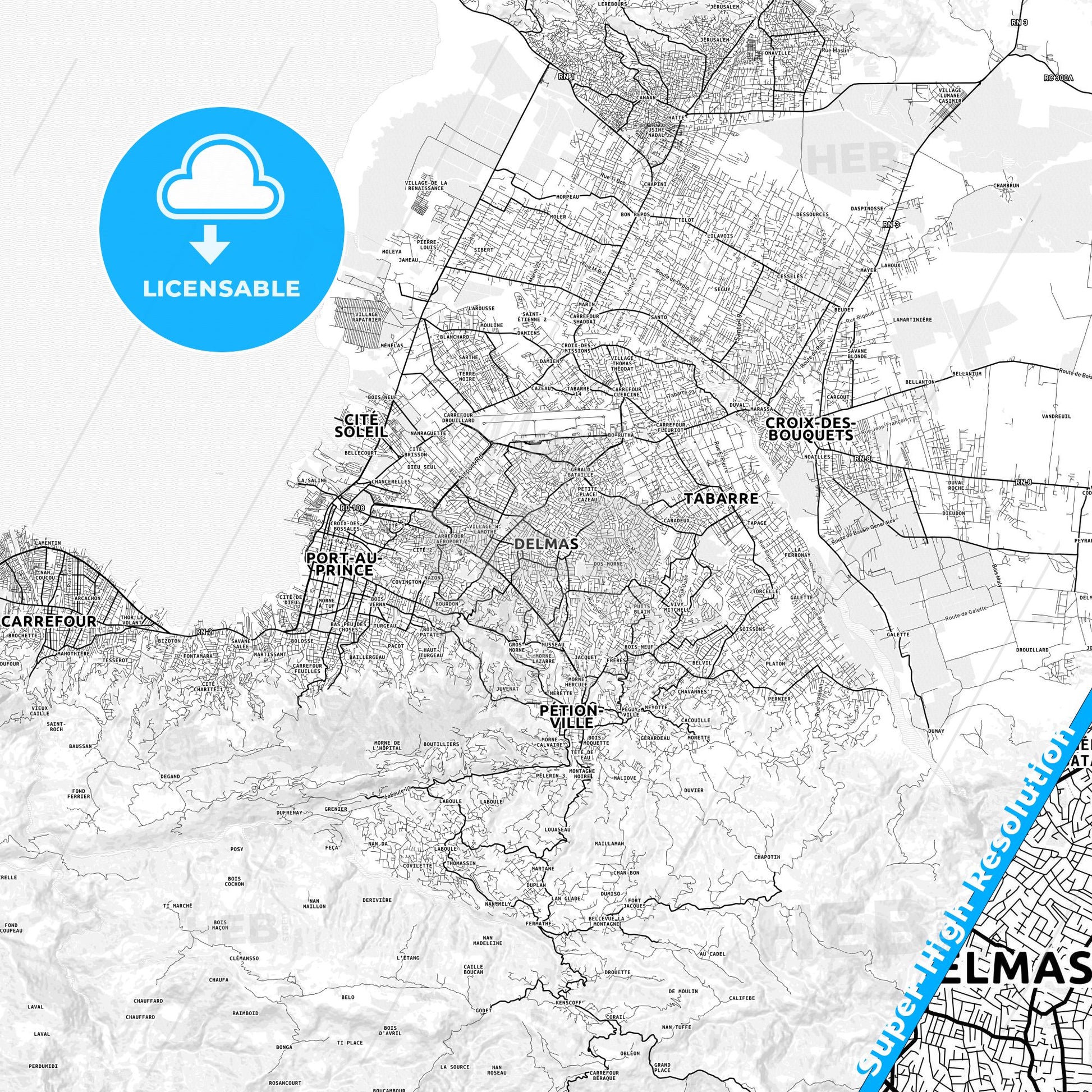 Delmas, Haiti light map with streetnames, citynames and districts