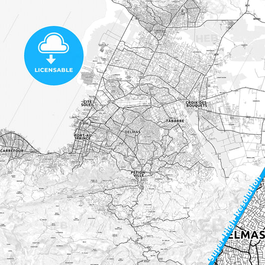 Delmas, Haiti light map with streetnames, citynames and districts