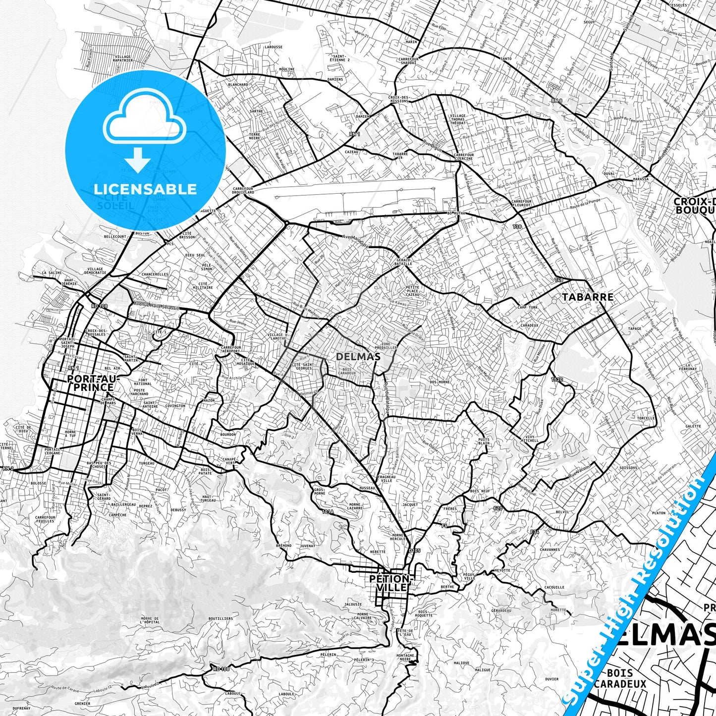 Delmas, Haiti Light Map with Street Names, City Names, and Districts