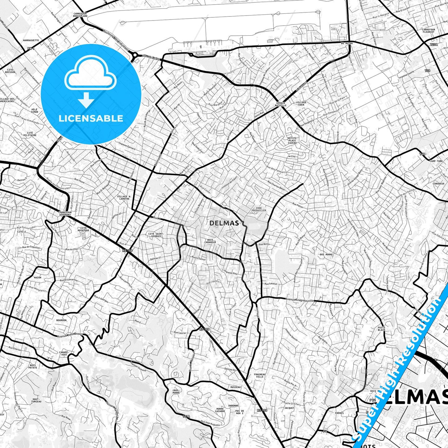 Delmas, Haiti Light Map with Street Names, City Names, and Districts