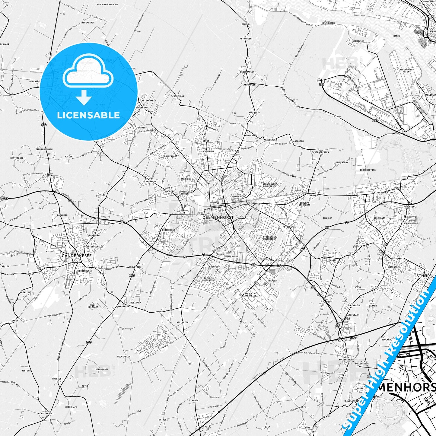 Delmenhorst, Germany light map with streetnames, citynames and districts