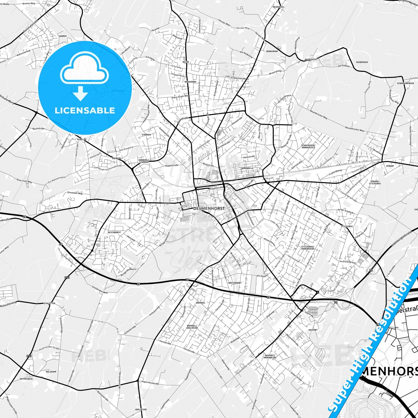 Delmenhorst, Germany Light Map with Street Names, City Names, and Districts