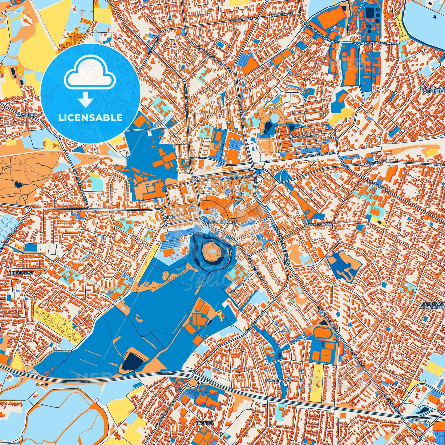 Colorful Delmenhorst Street Map with Labels and Buildings