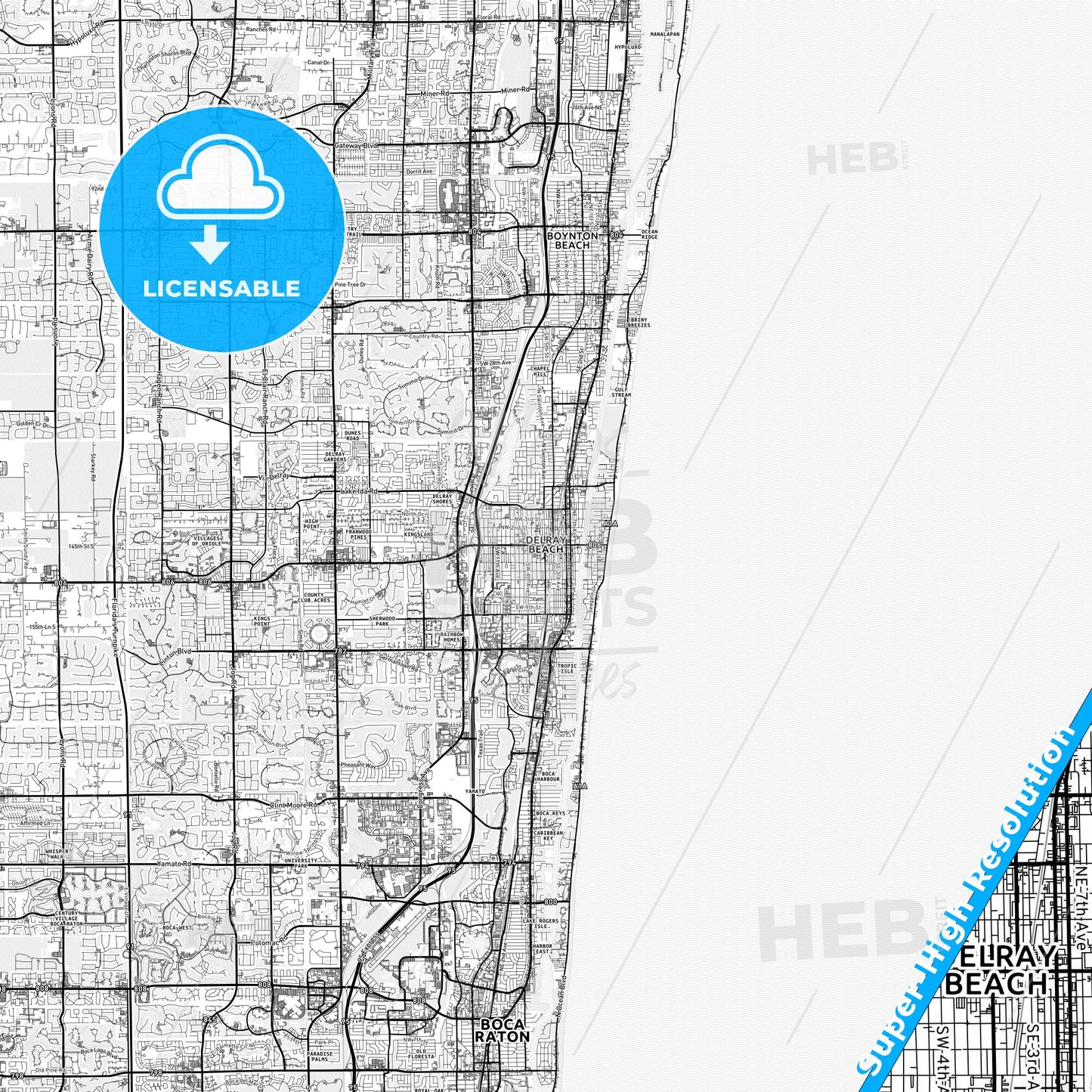 Delray Beach, Florida light map with streetnames, citynames and districts