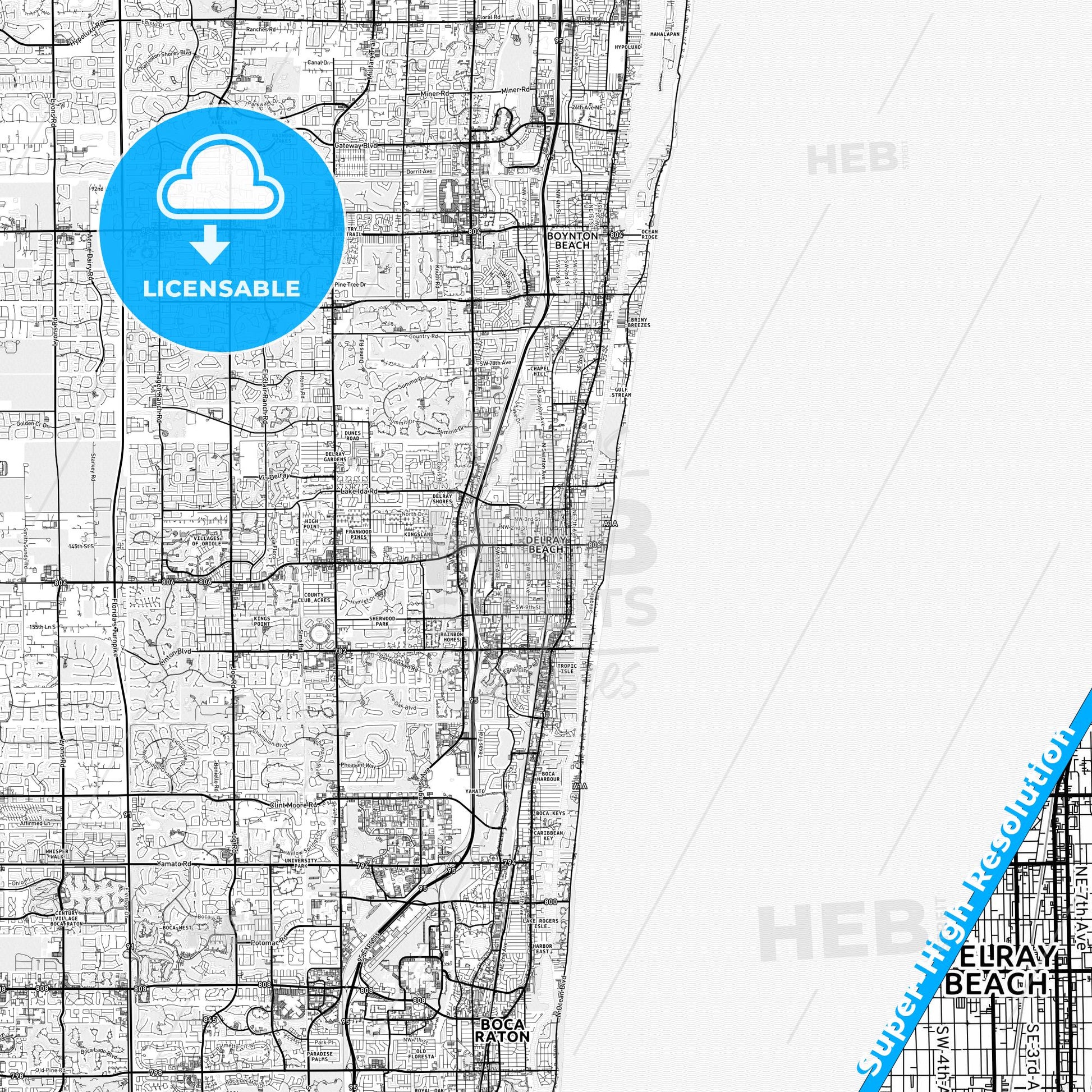 Delray Beach, Florida light map with streetnames, citynames and districts