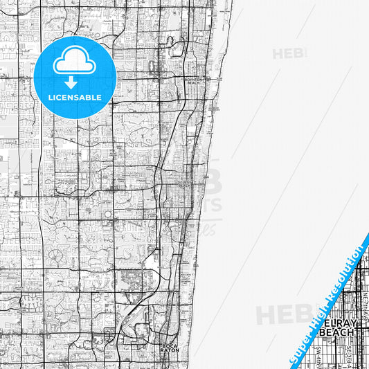 Delray Beach, Florida light map with streetnames, citynames and districts