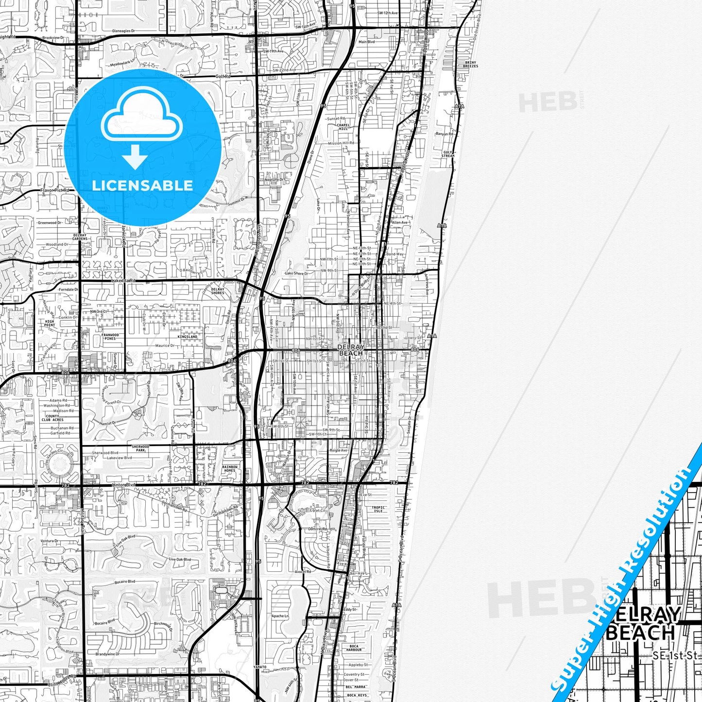 Delray Beach, Florida Light Map with Street Names, City Names, and Districts