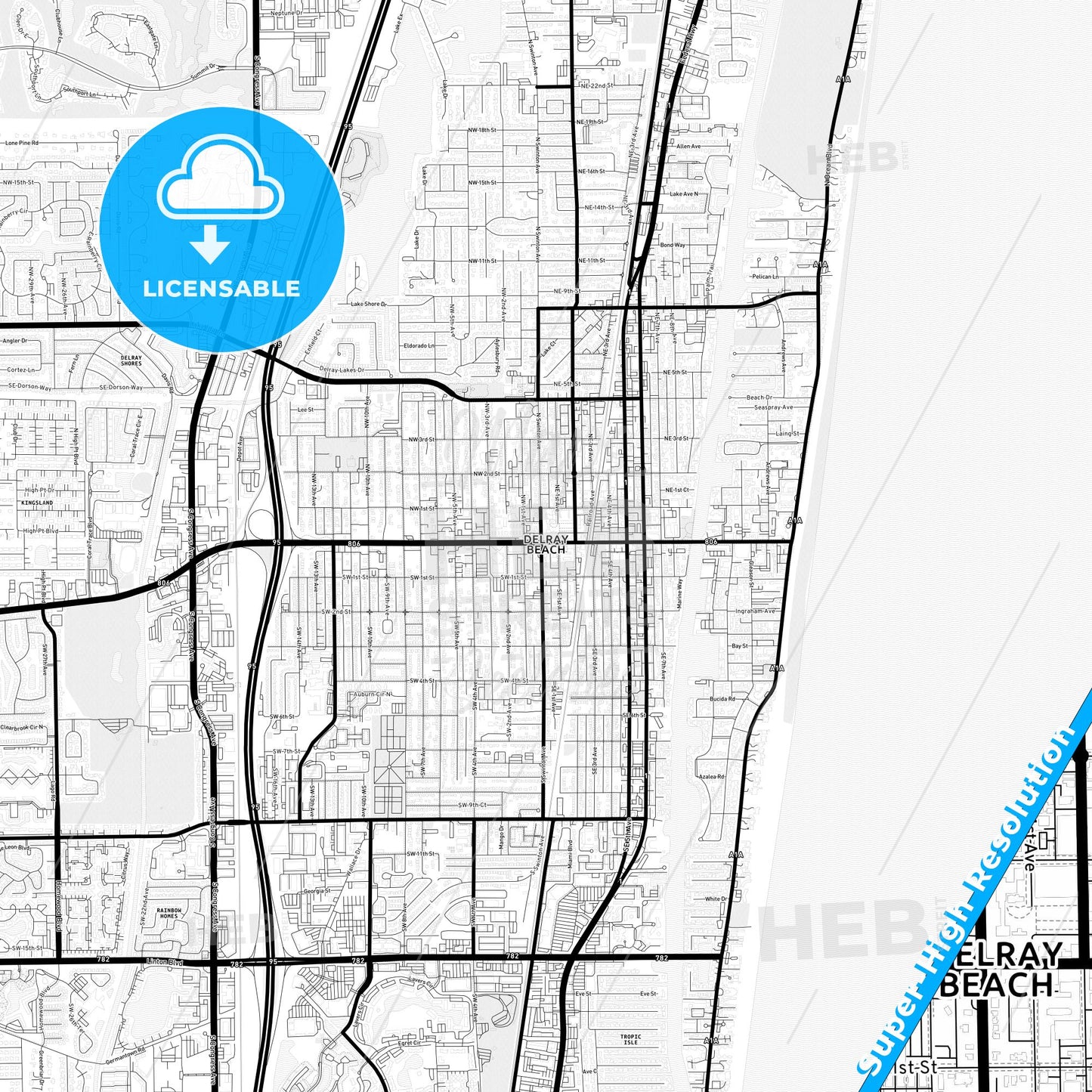 Delray Beach, Florida Light Map with Street Names, City Names, and Districts