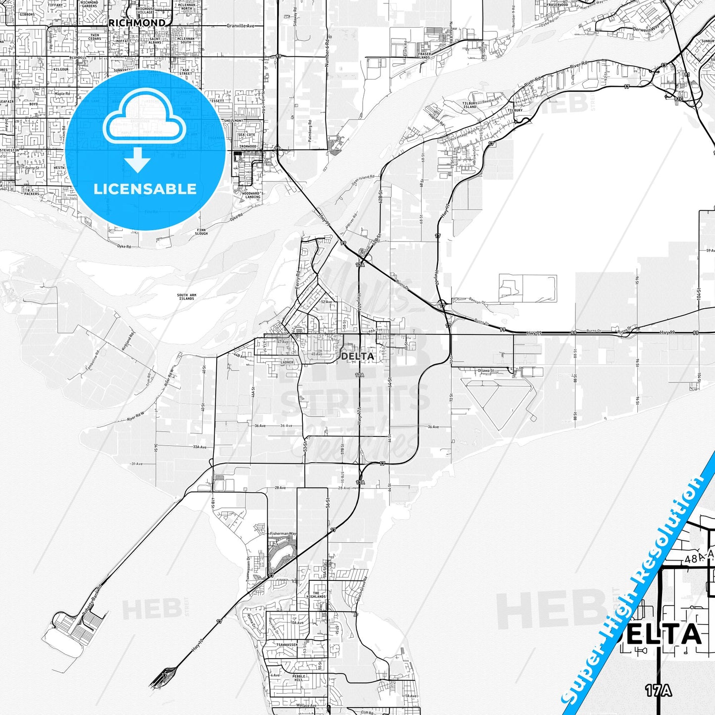 Delta, Canada light map with streetnames, citynames and districts