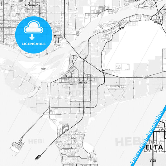 Delta, Canada light map with streetnames, citynames and districts