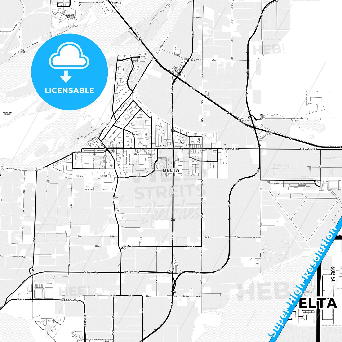 Delta, Canada Light Map with Street Names, City Names, and Districts