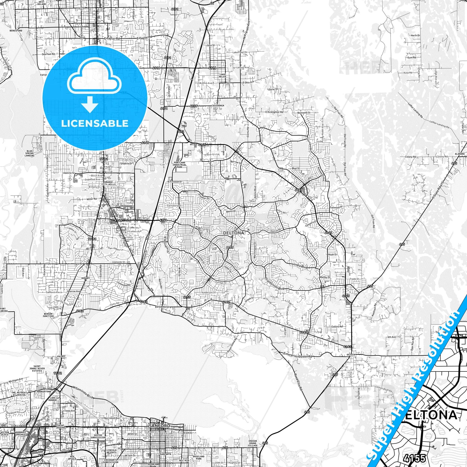 Deltona, Florida light map with streetnames, citynames and districts