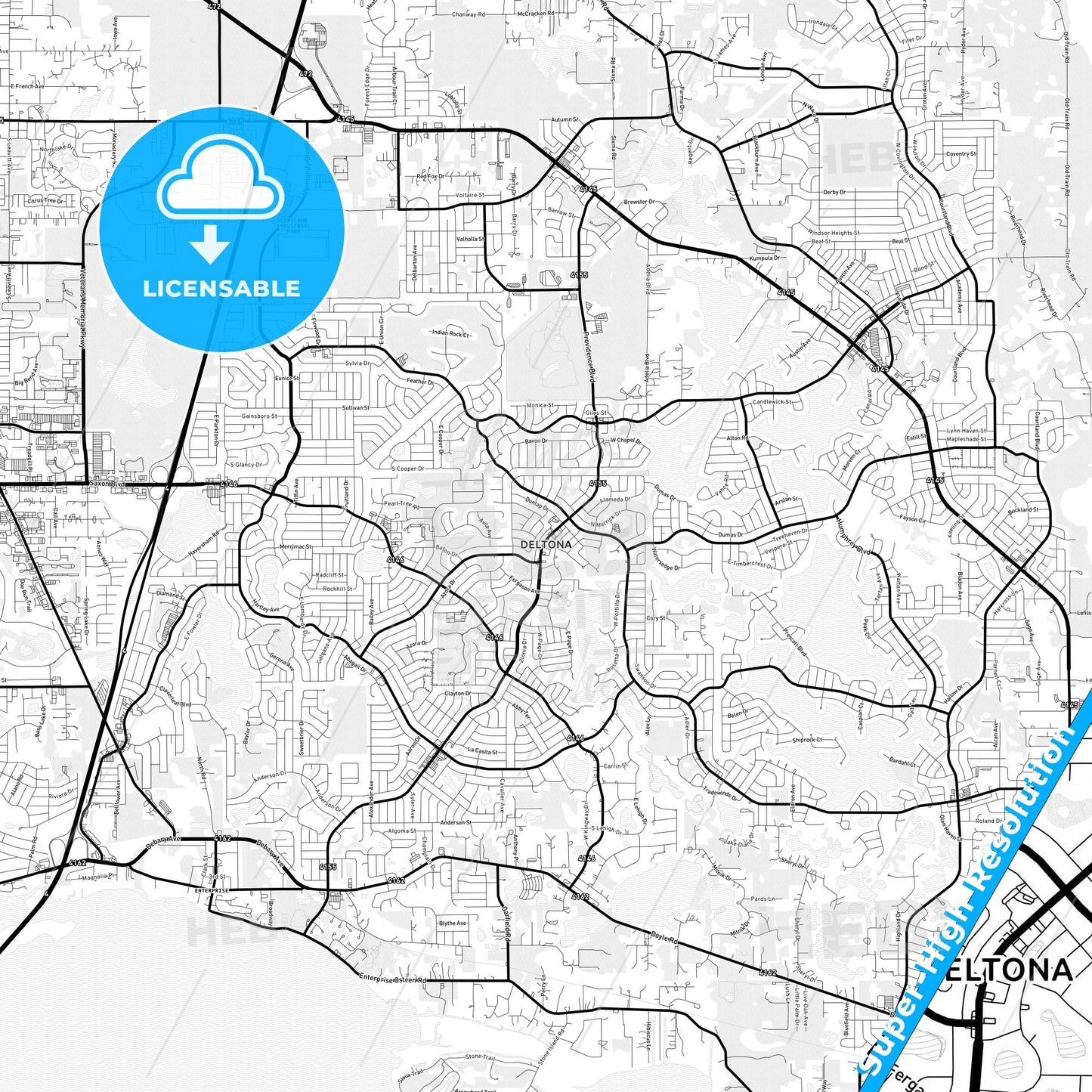 Deltona, Florida Light Map with Street Names, City Names, and Districts