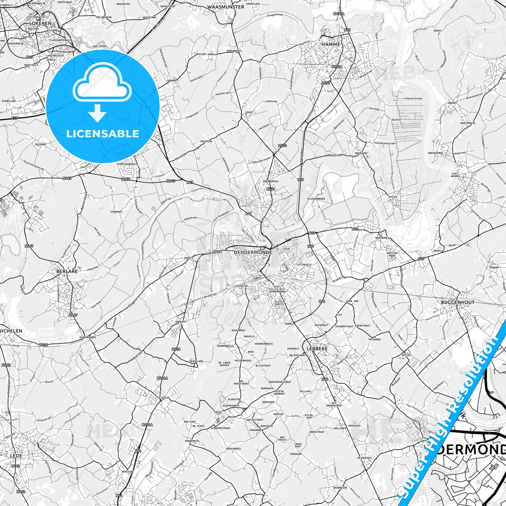 Dendermonde, Belgium light map with streetnames, citynames and districts