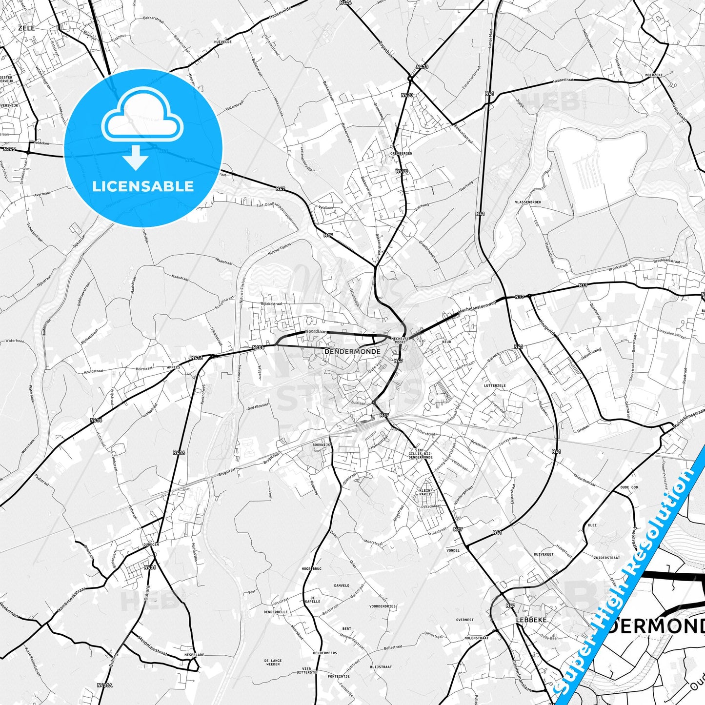 Dendermonde, Belgium Light Map with Street Names, City Names, and Districts