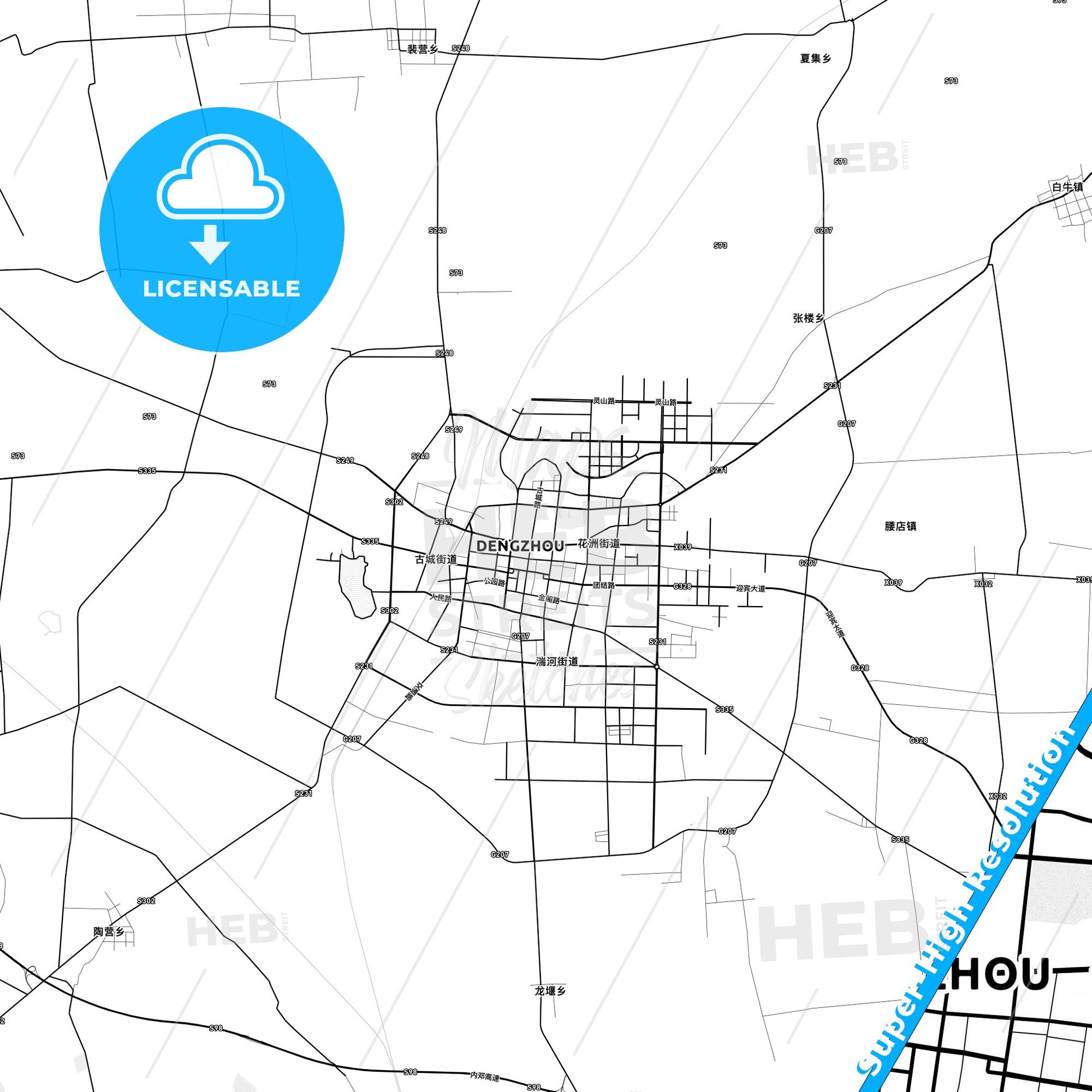 Dengzhou, China light map with streetnames, citynames and districts
