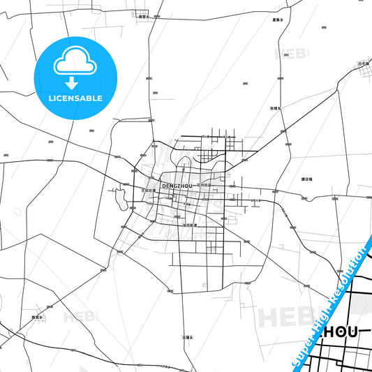 Dengzhou, China light map with streetnames, citynames and districts