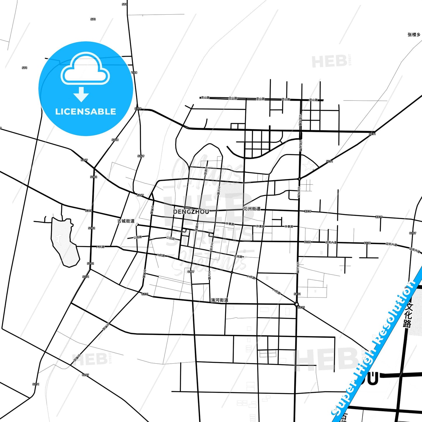 Dengzhou, China Light Map with Street Names, City Names, and Districts