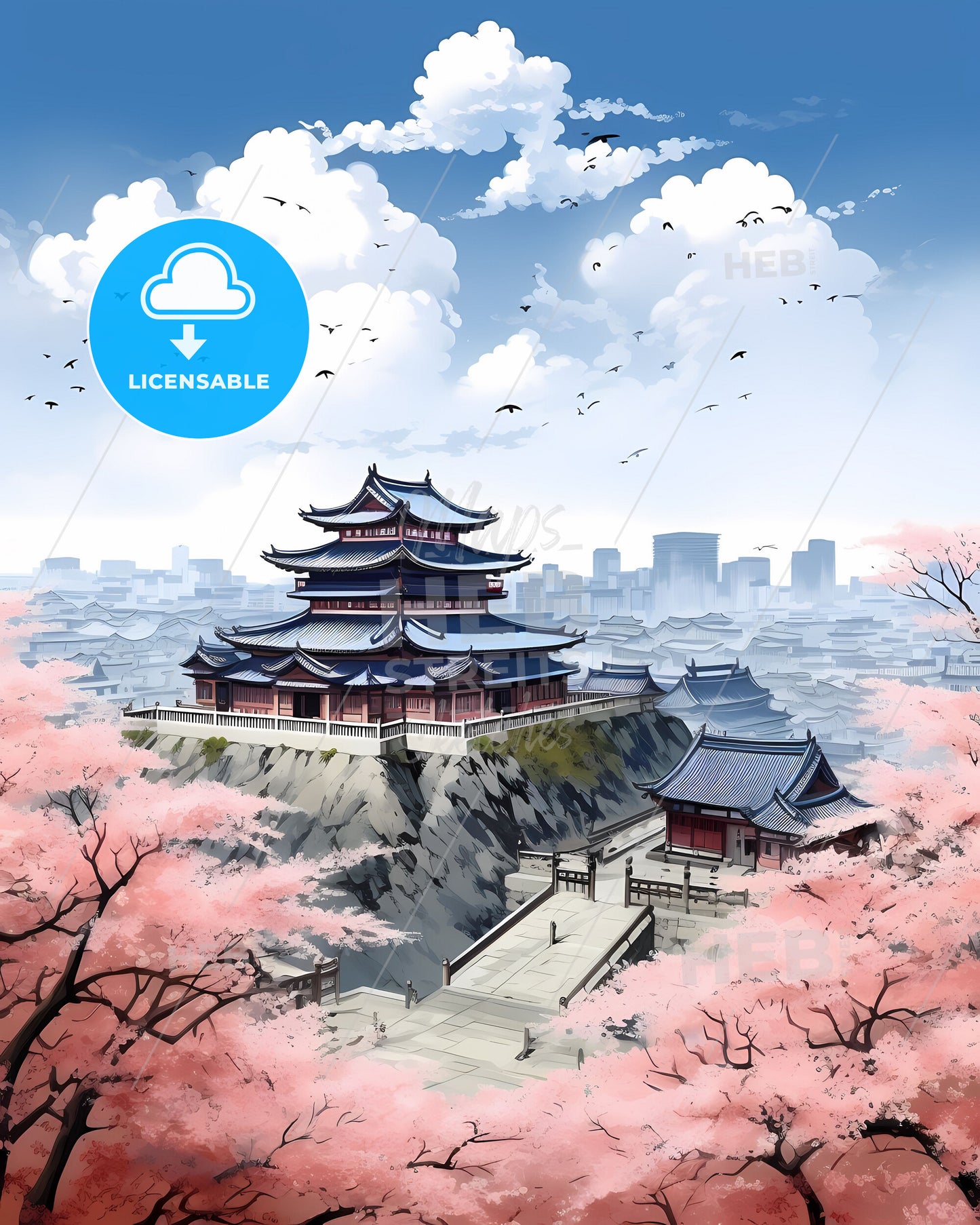 Skyline of Dengzhou China as an artistic painting of a building and pink flowers on a hill