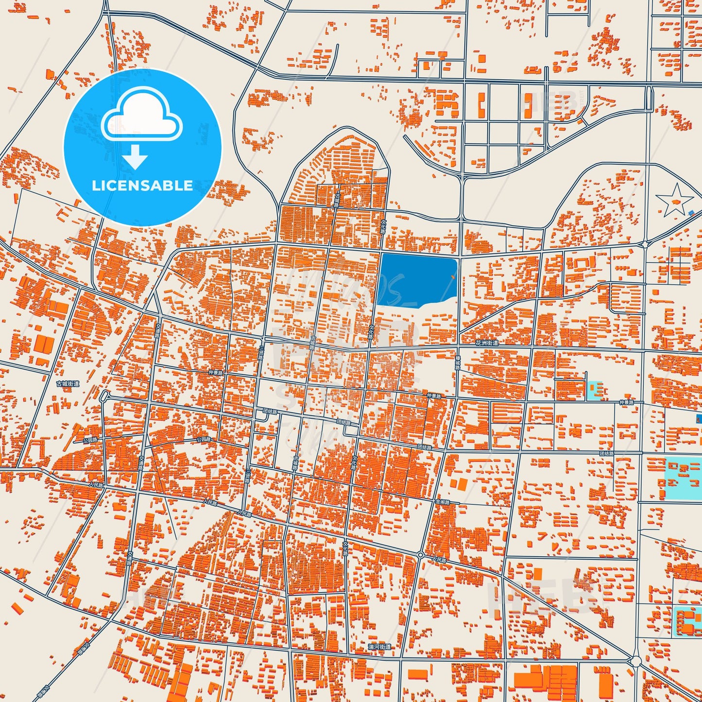 Colorful Dengzhou Street Map with Labels and Buildings