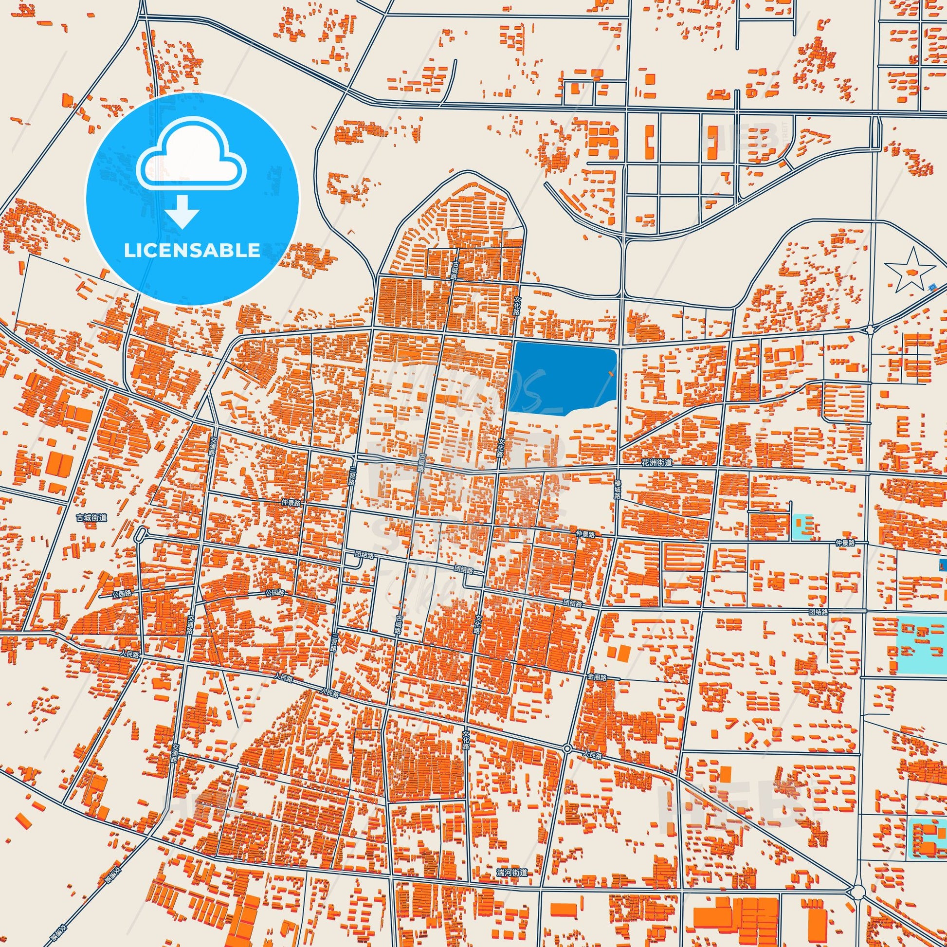 Colorful Dengzhou Street Map with Labels and Buildings