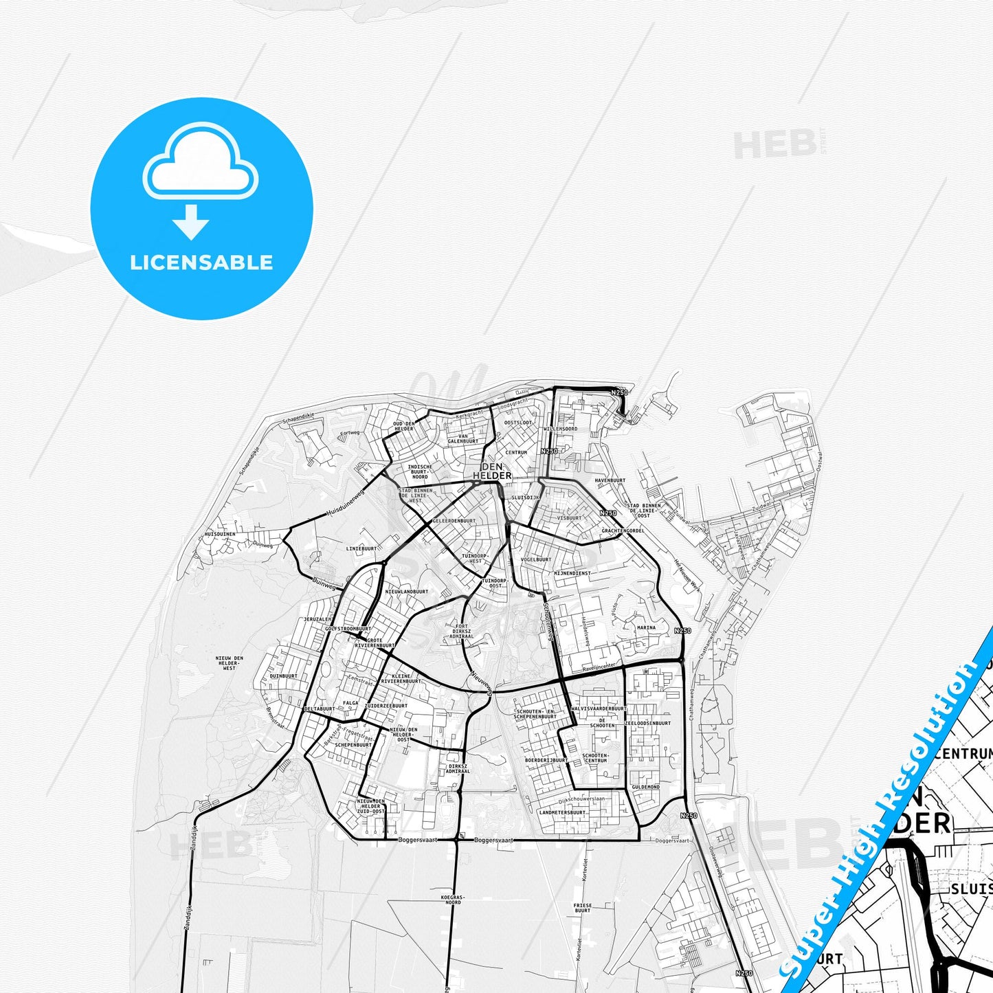 Den Helder, Netherlands Light Map with Street Names, City Names, and Districts