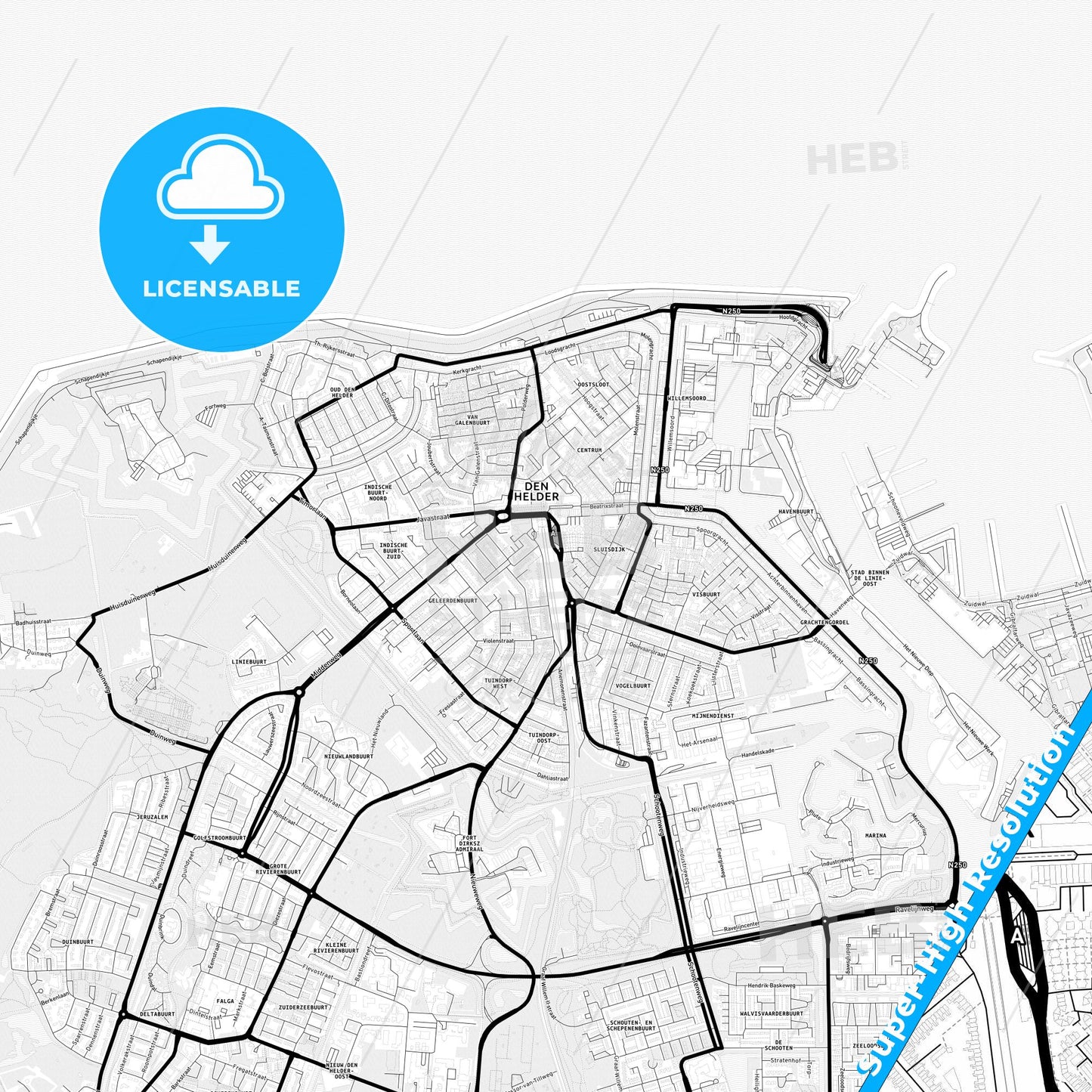 Den Helder, Netherlands Light Map with Street Names, City Names, and Districts