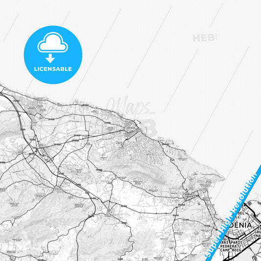 Denia, Spain light map with streetnames, citynames and districts