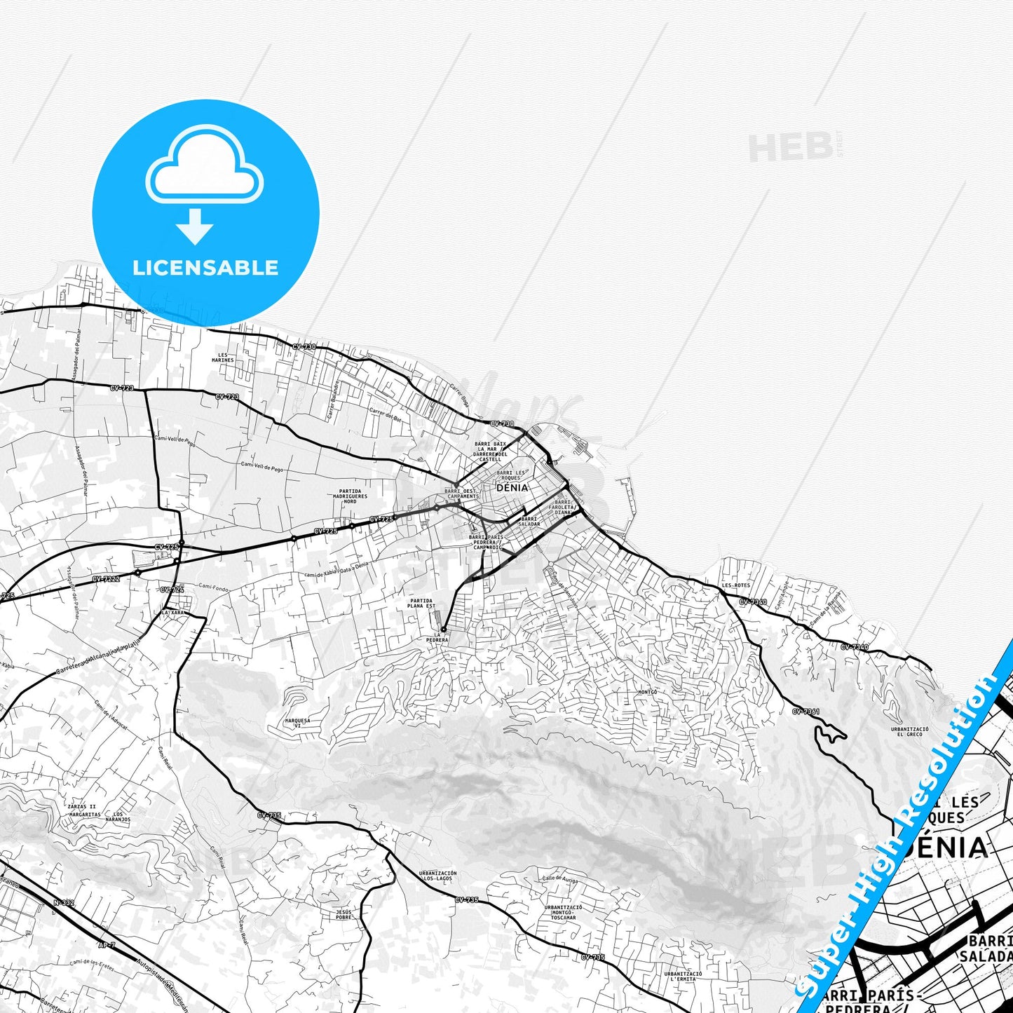 Denia, Spain Light Map with Street Names, City Names, and Districts