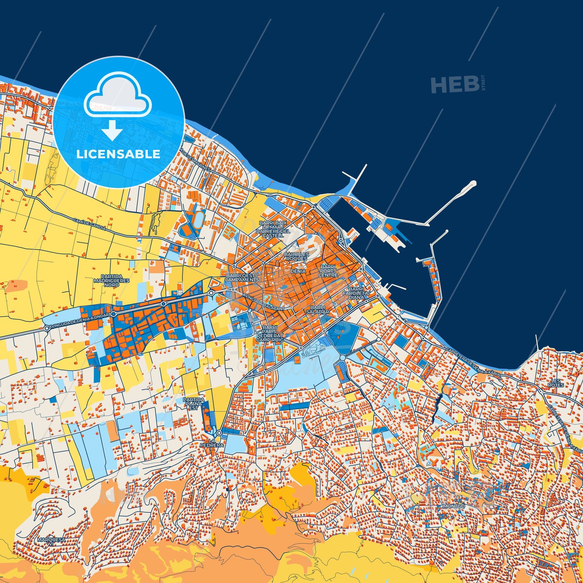 Colorful Denia Street Map with Labels and Buildings
