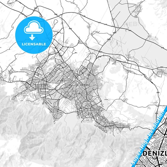 Denizli, Turkey light map with streetnames, citynames and districts