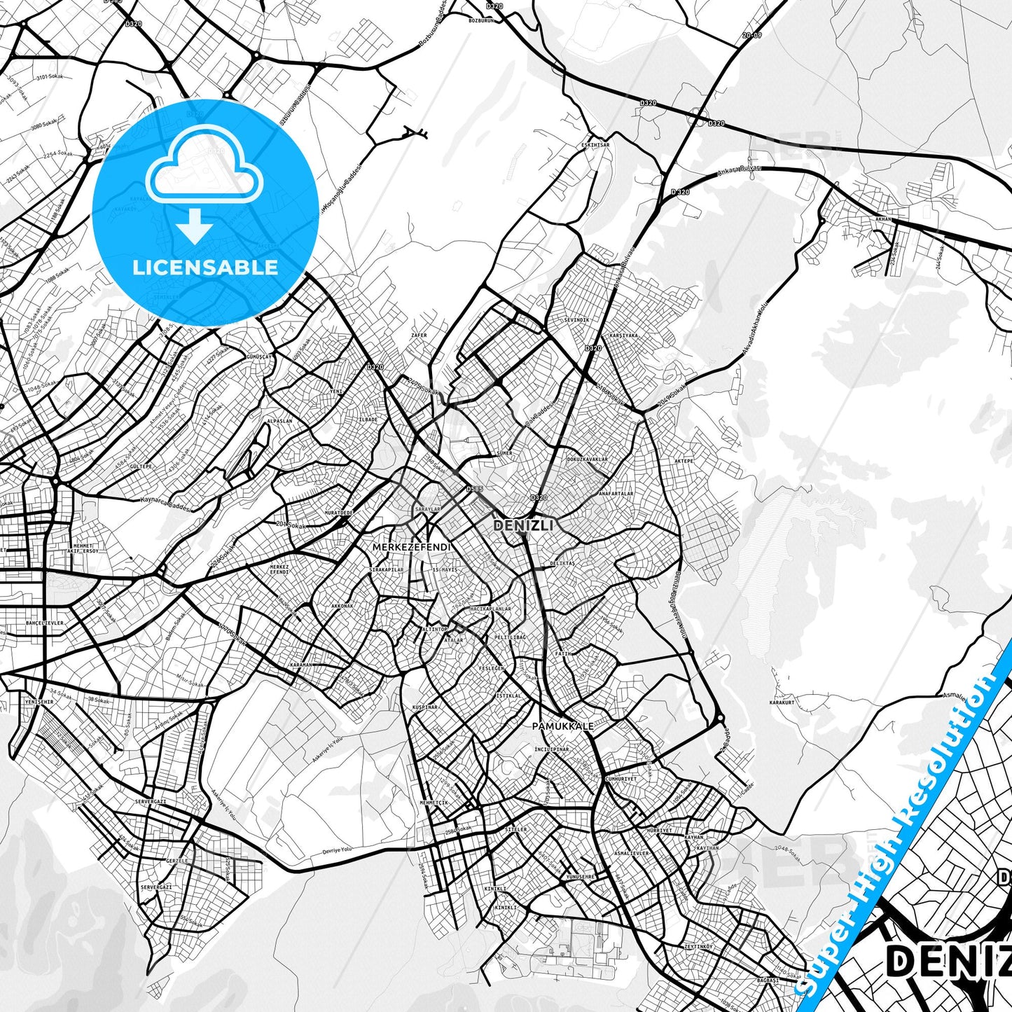 Denizli, Turkey Light Map with Street Names, City Names, and Districts