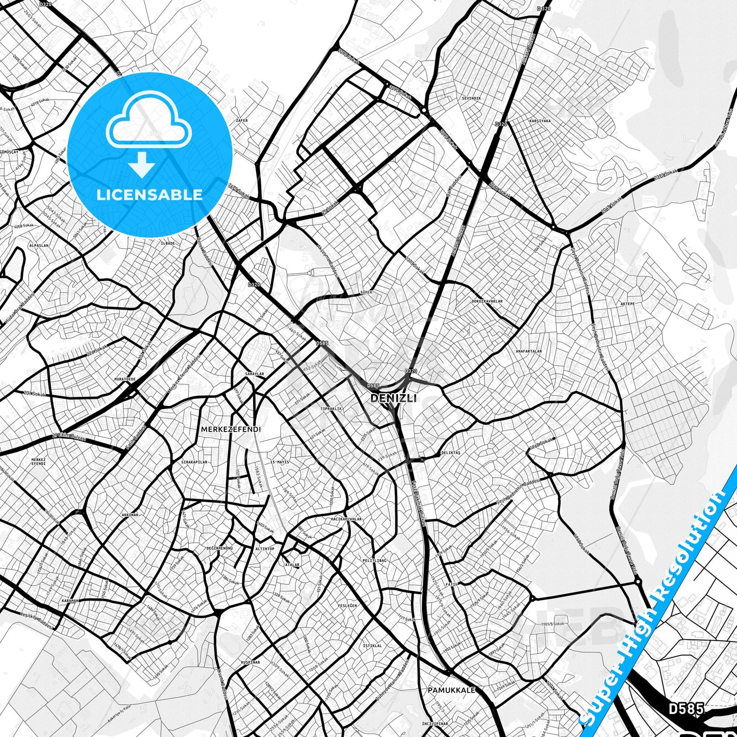 Denizli, Turkey Light Map with Street Names, City Names, and Districts