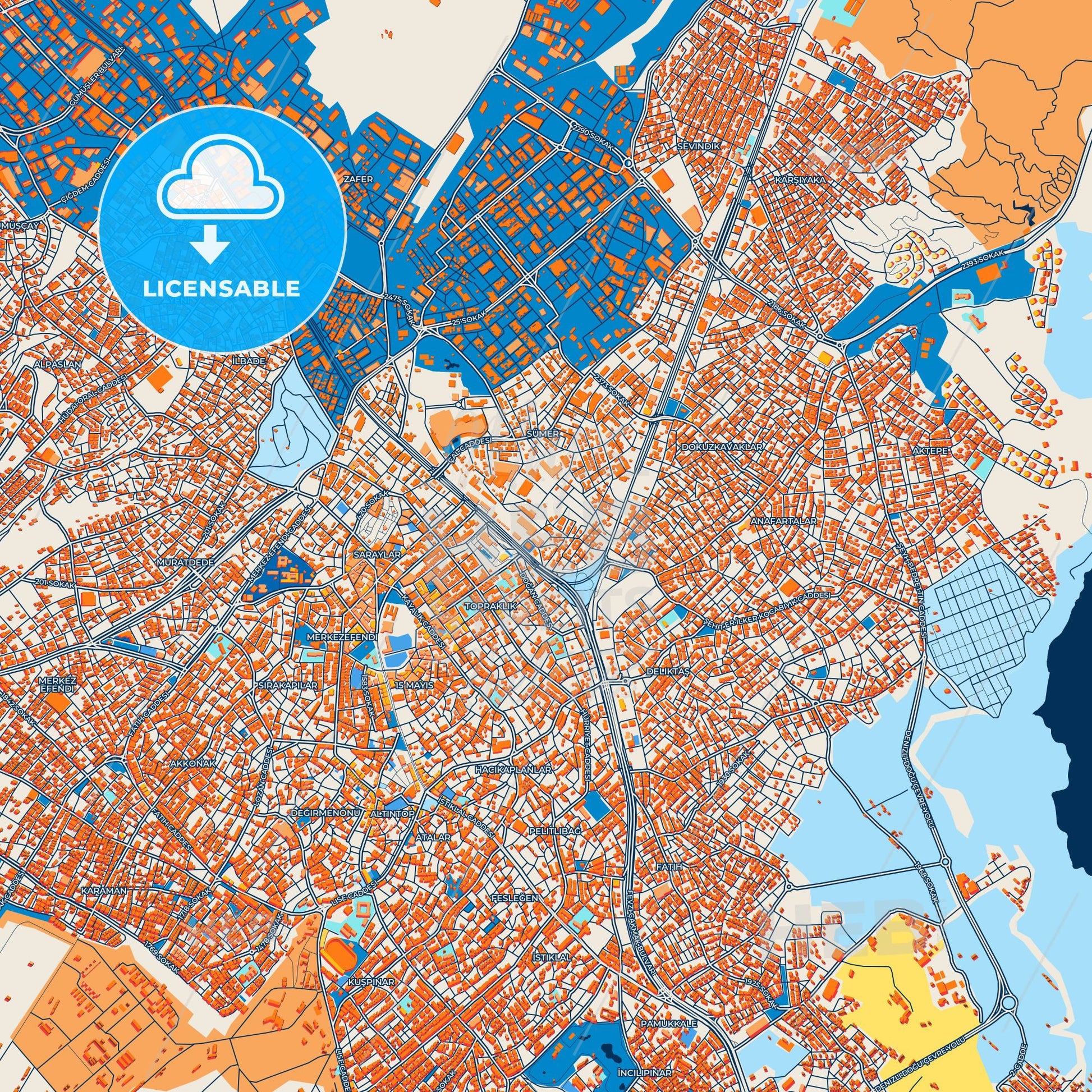 Colorful Denizli Street Map with Labels and Buildings