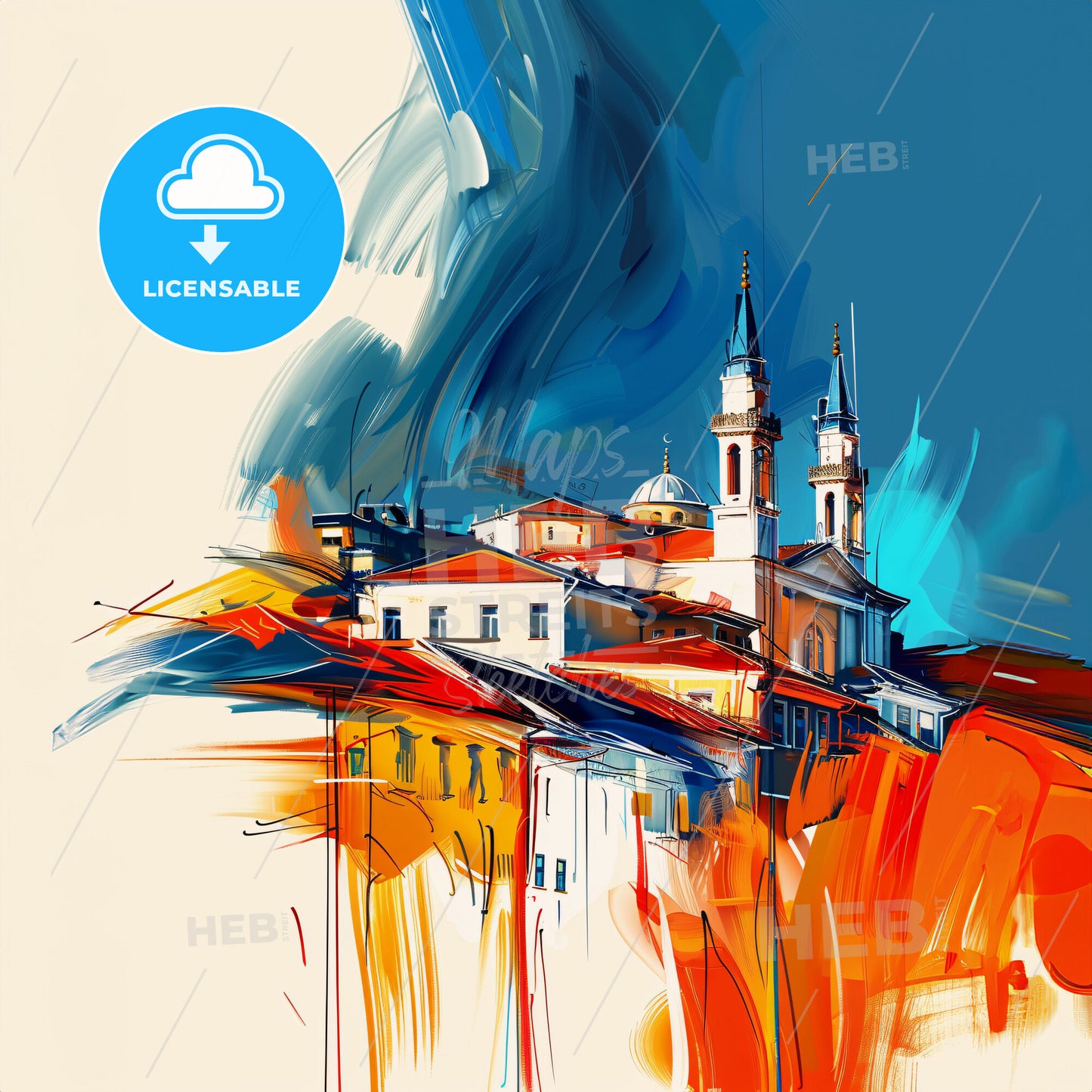 Vibrant Deni̇zli̇, Turkey - A Painting Of A Building With Towers And A Blue Sky