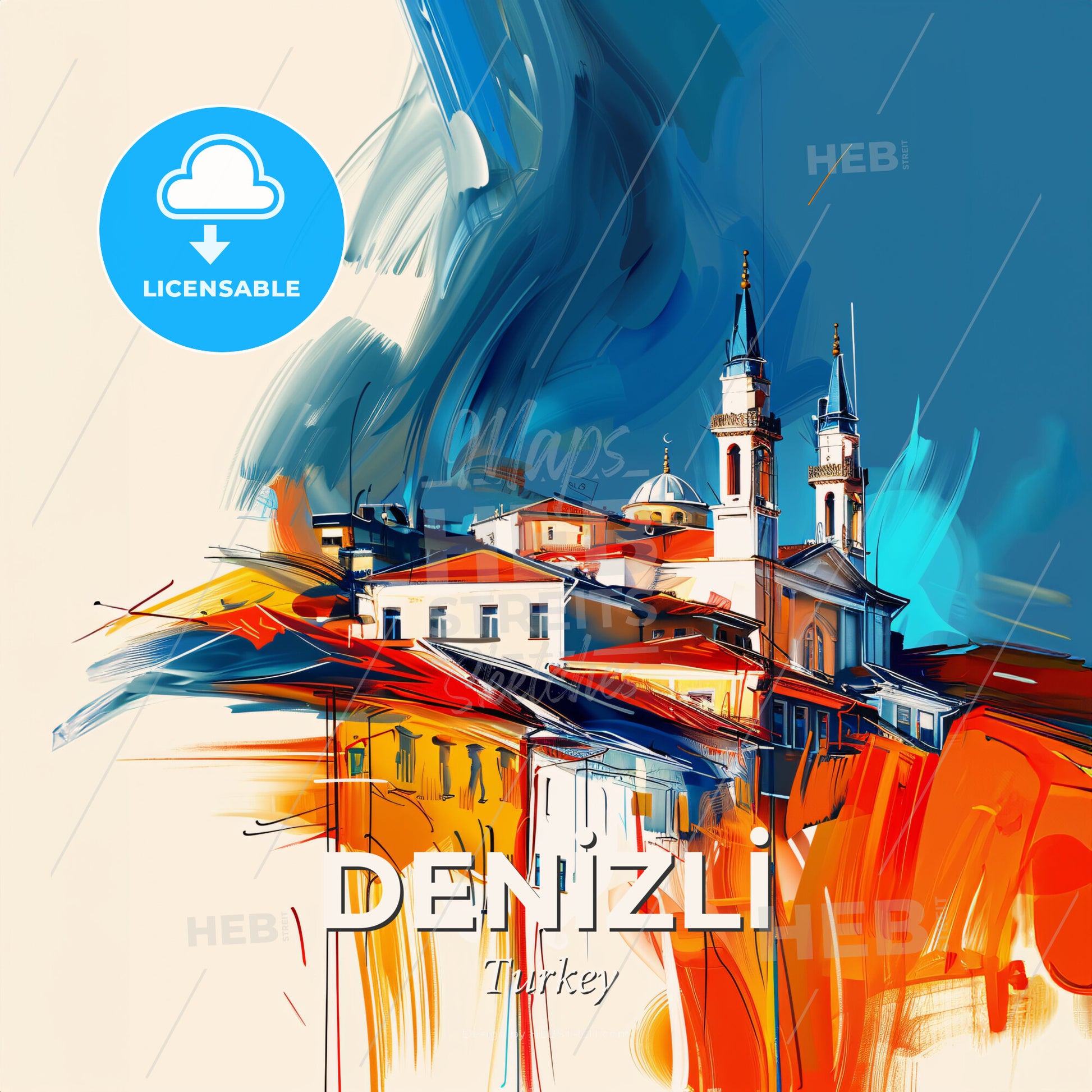 Vibrant Deni̇zli̇, Turkey - A Painting Of A Building With Towers And A Blue Sky - Square format print template