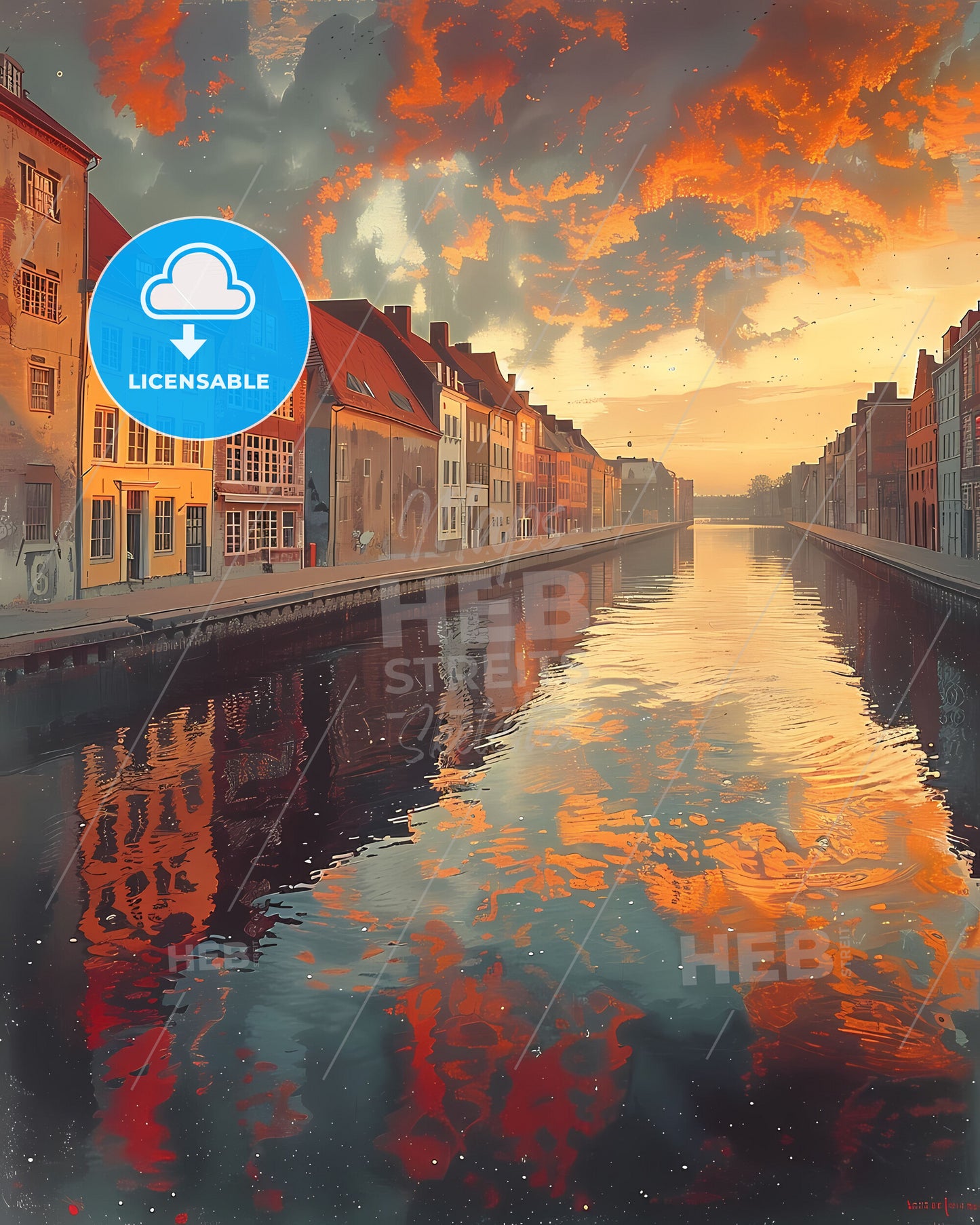 Vibrant Painting of a Danish Canal Featuring Buildings and Clouds in the Sky