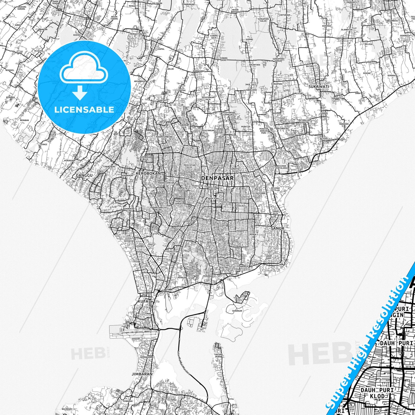 Denpasar, Indonesia light map with streetnames, citynames and districts