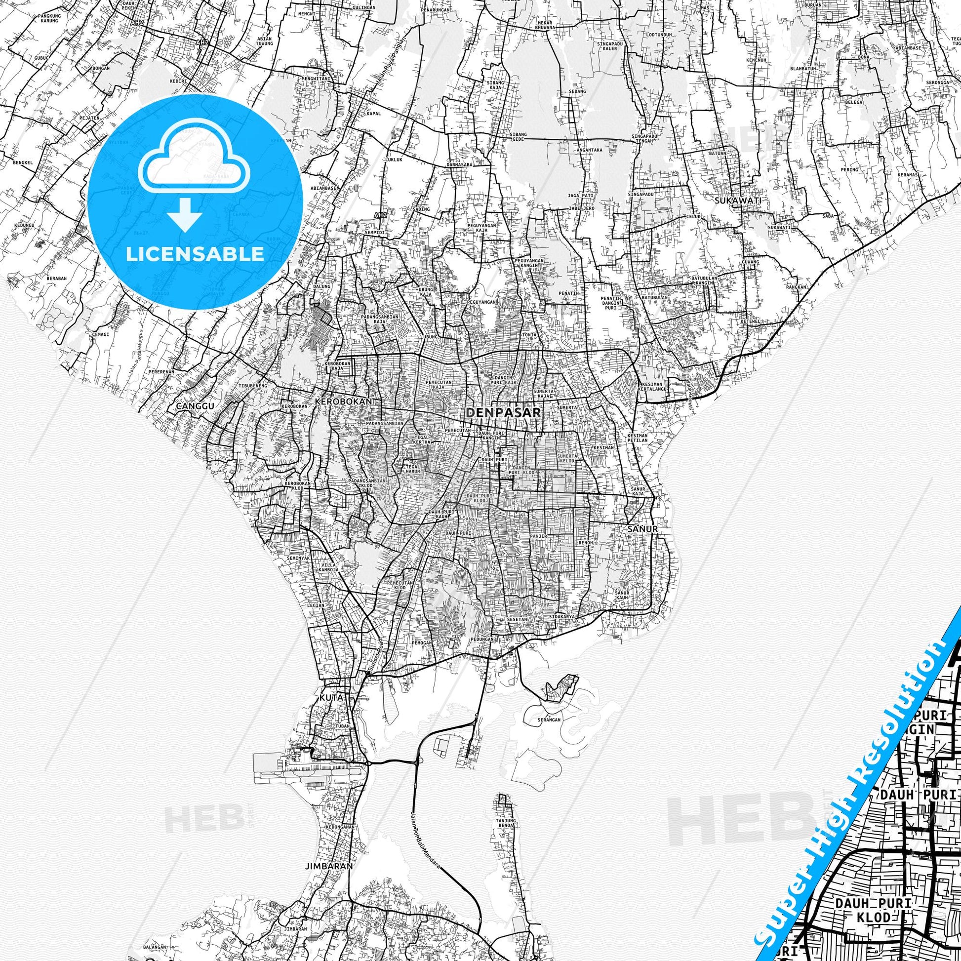 Denpasar, Indonesia light map with streetnames, citynames and districts